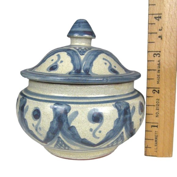Jewelry Trinket Box Vanity Jar Lidded Signed Hand Painted Terra-cotta Blue 4 in - Picture 2 of 5